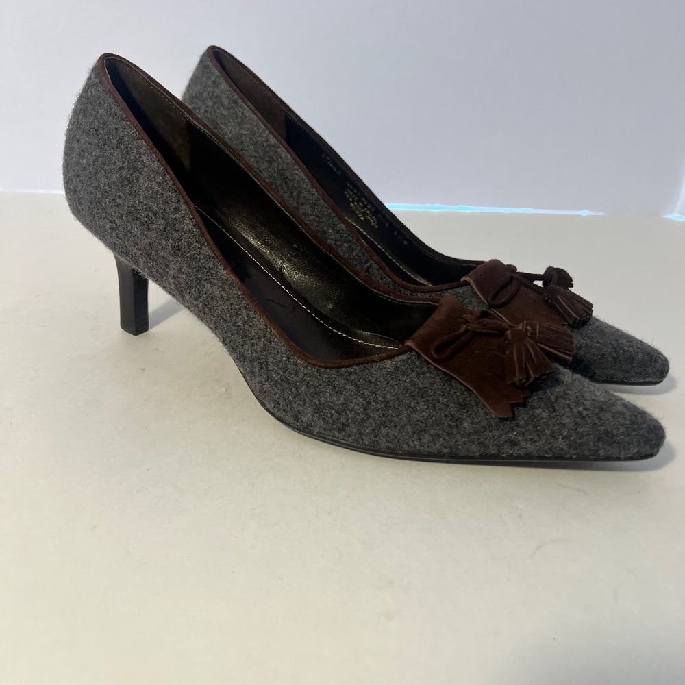 Lauren Ralph Lauren Stilla Grey Wool Tassel Pumps Brown Suede Trim 8.5B - Picture 2 of 8
